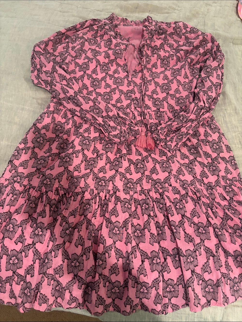 Roller Rabbit Medium Pink Floral Tassel Tie Tiered Dress